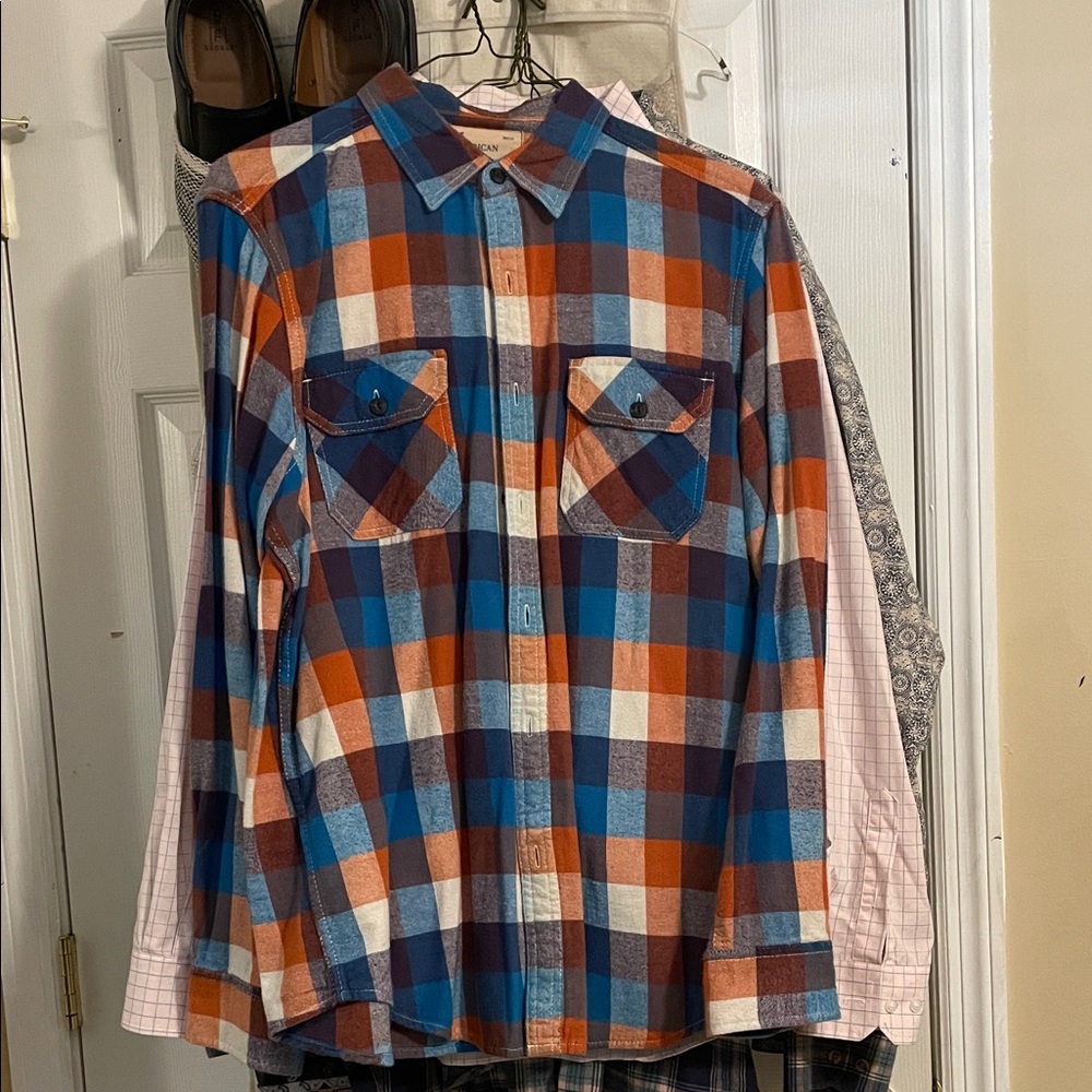 American eagle xl flannel Mens Plaid Button-Up Shirt - Blue & Orange